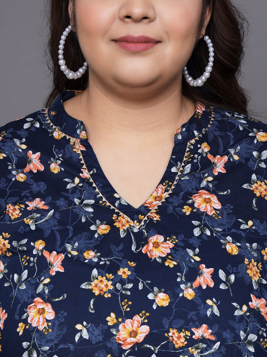 Women Plus Size Navy Floral Printed Pure Cotton Kurti