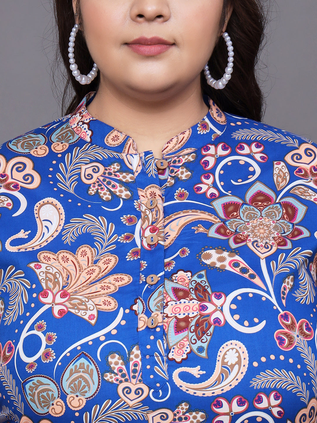 Women Plus Size Blue Floral Printed Pure Cotton Kurti
