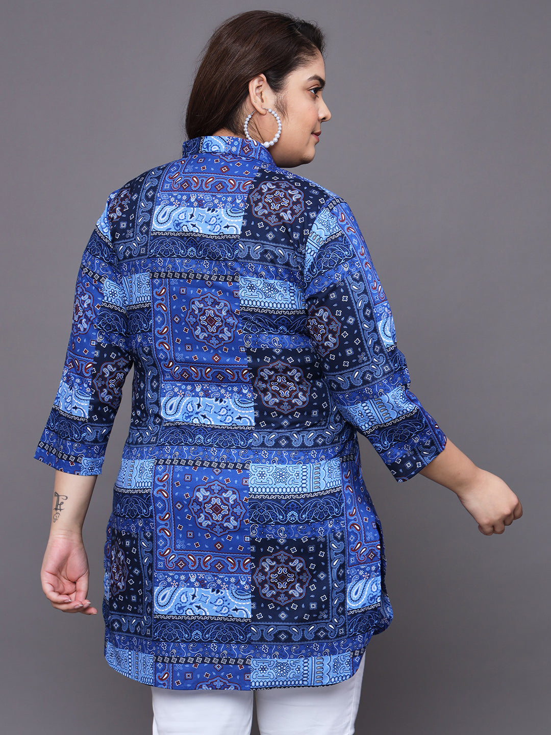 Women Plus Size Blue Printed Pure Cotton Kurti