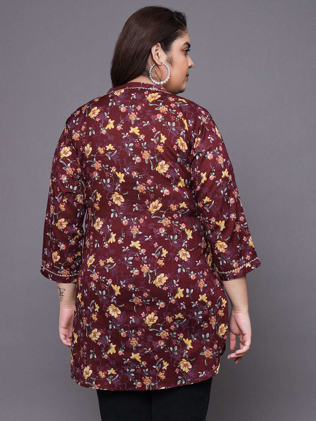 Women Plus Size Maroon Floral Printed Pure Cotton Kurti