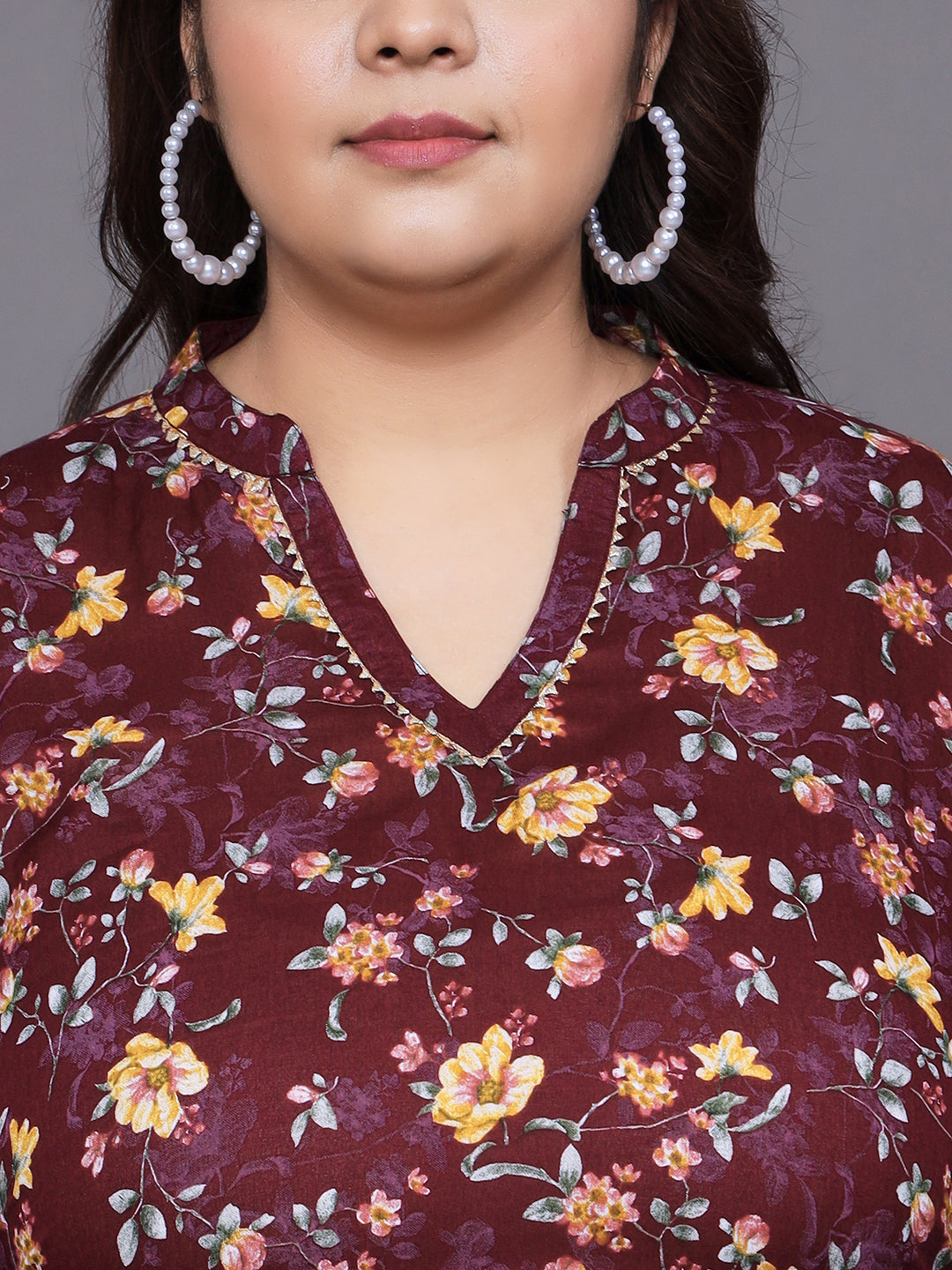 Women Plus Size Maroon Floral Printed Pure Cotton Kurti