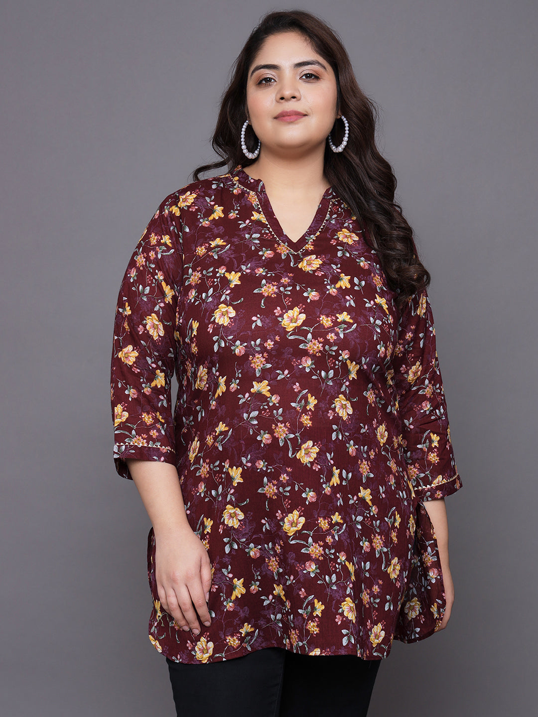 Women Plus Size Maroon Floral Printed Pure Cotton Kurti
