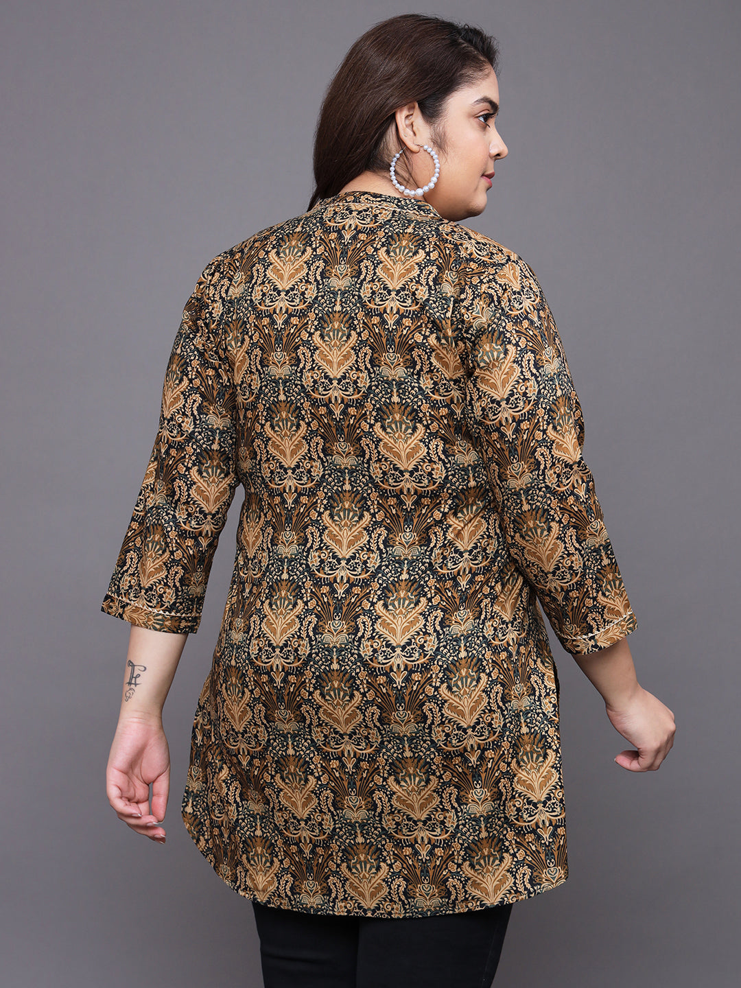 Women Plus Size Brown Ethnic Motifs Printed Pure Cotton Kurti