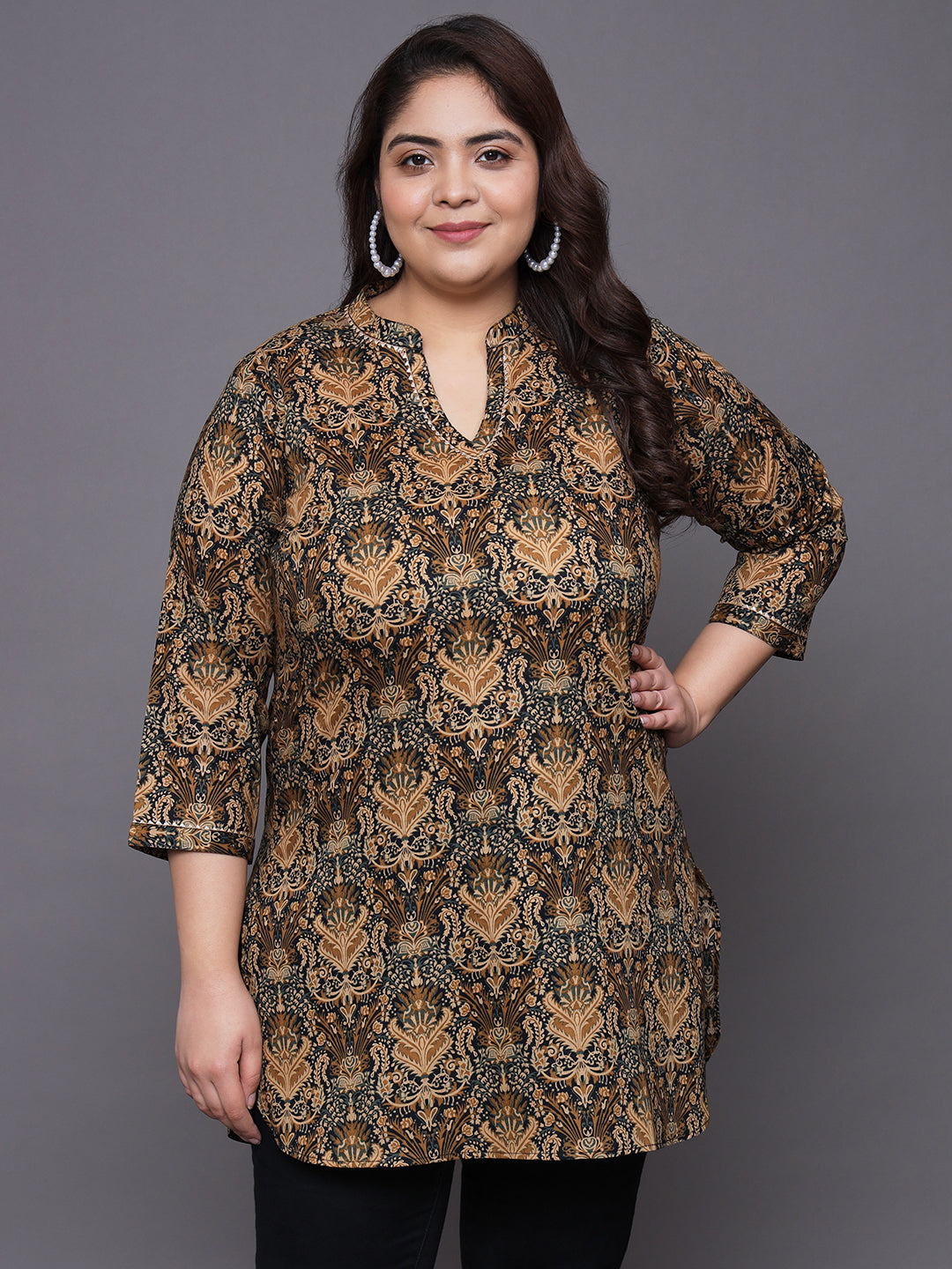 Women Plus Size Brown Ethnic Motifs Printed Pure Cotton Kurti