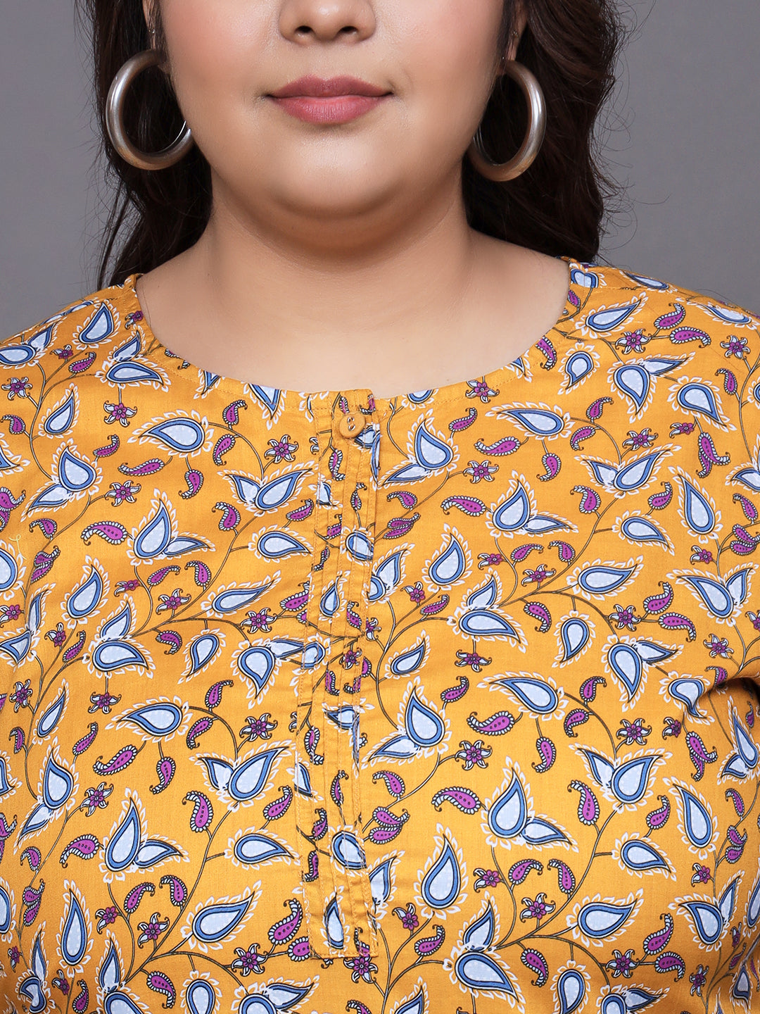 Women Plus Size Yellow Paisley Printed Pure Cotton Kurti