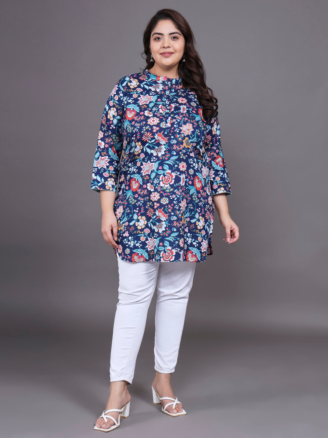 Women Plus Size Navy Blue Floral Printed Pure Cotton Kurti