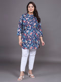 Women Plus Size Navy Blue Floral Printed Pure Cotton Kurti