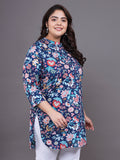 Women Plus Size Navy Blue Floral Printed Pure Cotton Kurti