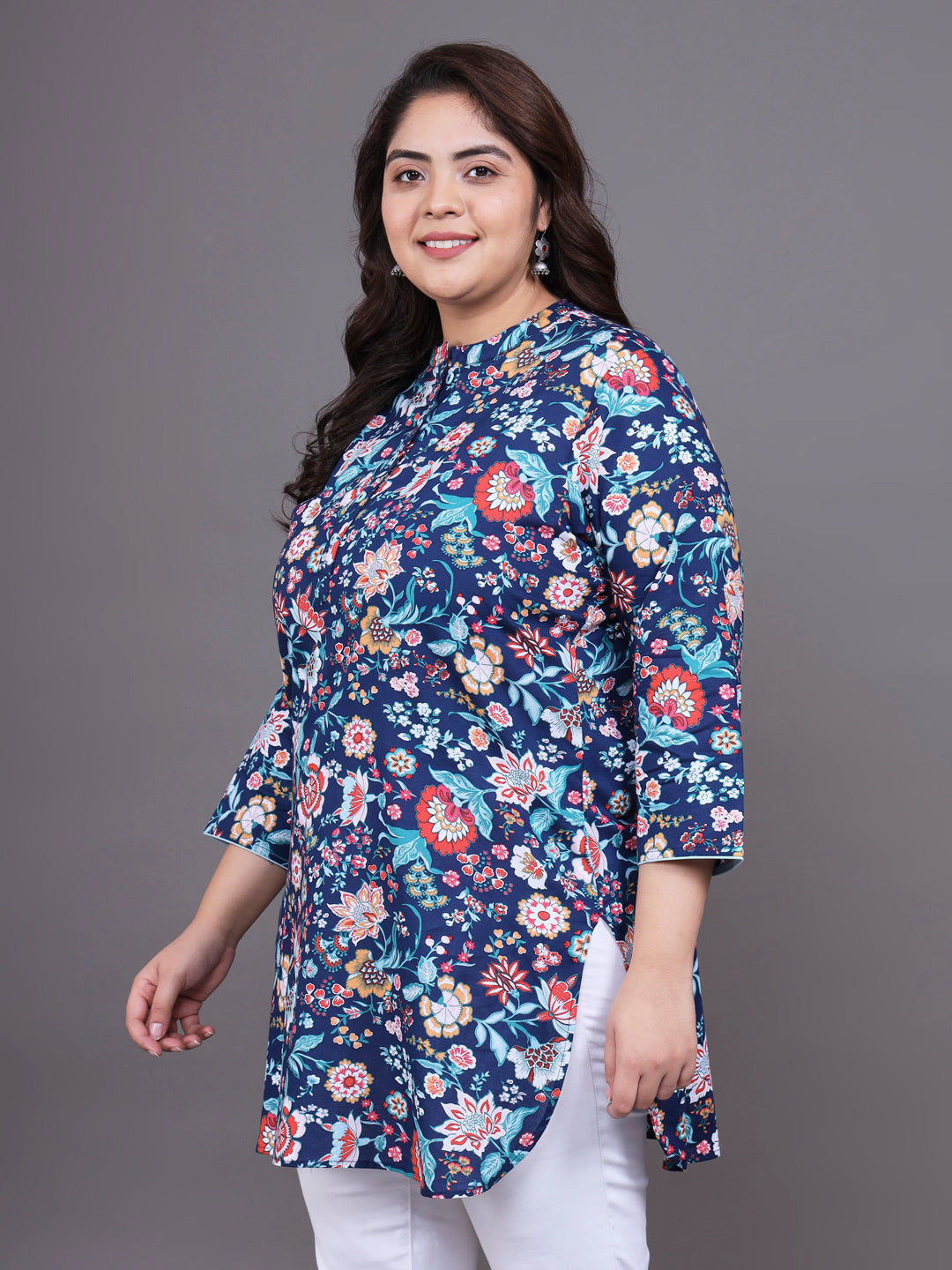 Women Plus Size Navy Blue Floral Printed Pure Cotton Kurti