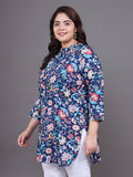 Women Plus Size Navy Blue Floral Printed Pure Cotton Kurti