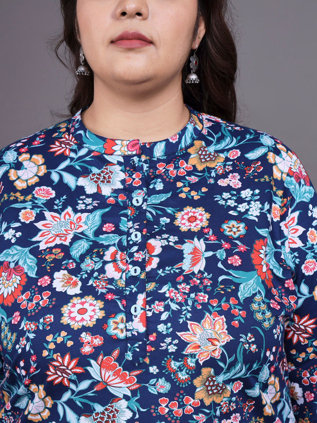 Women Plus Size Navy Blue Floral Printed Pure Cotton Kurti