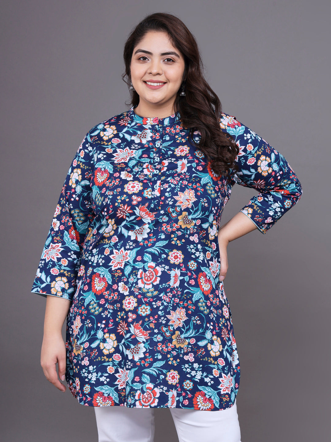 Women Plus Size Navy Blue Floral Printed Pure Cotton Kurti