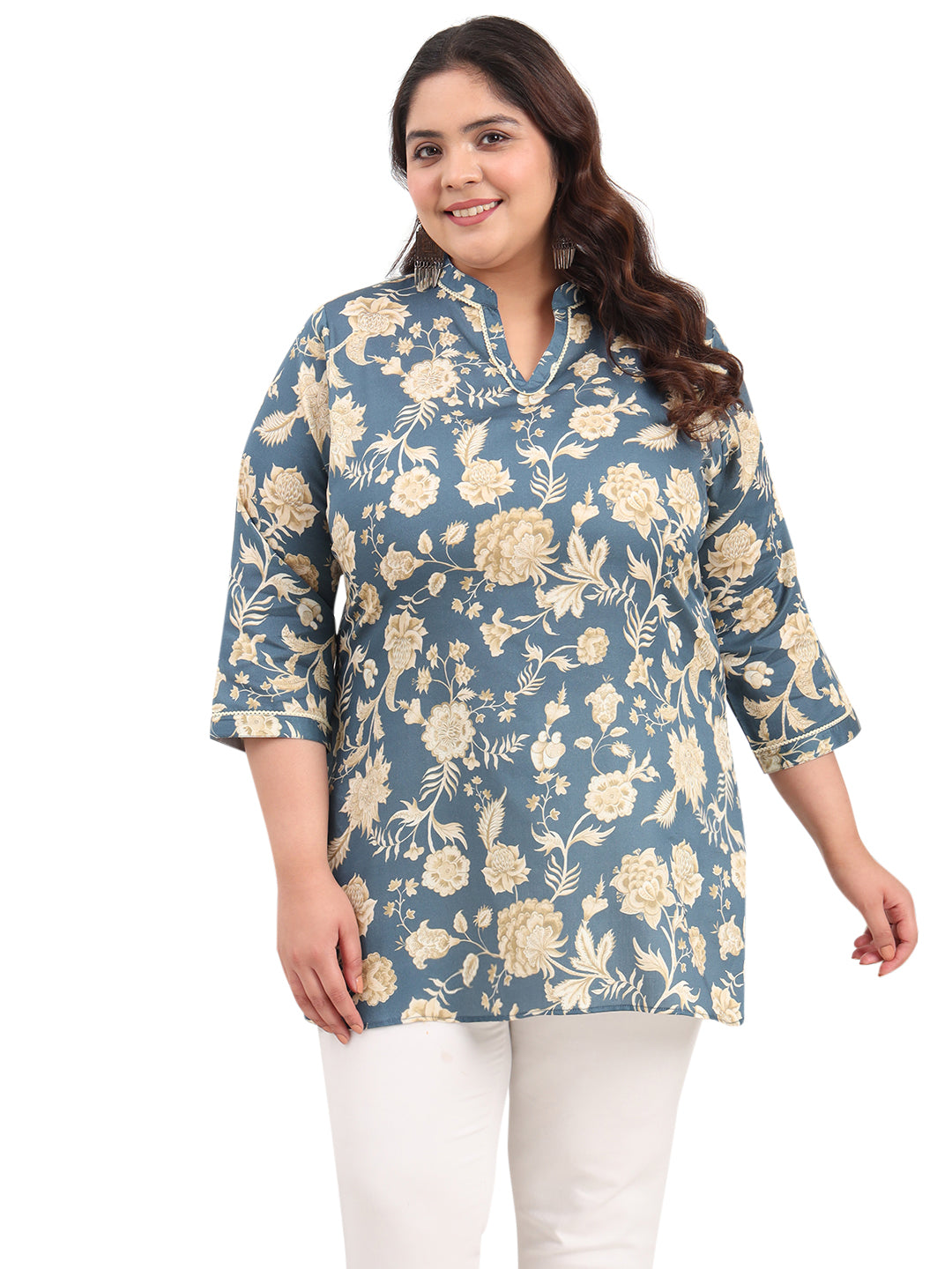 Women Plus Size Cotton Satin Grey Floral Printed Kurti