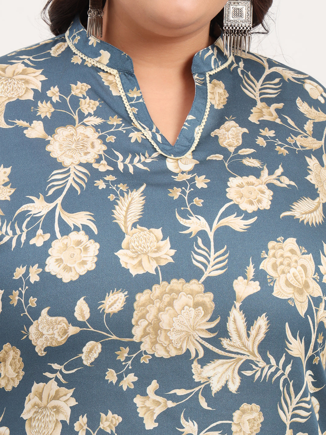 Women Plus Size Cotton Satin Grey Floral Printed Kurti