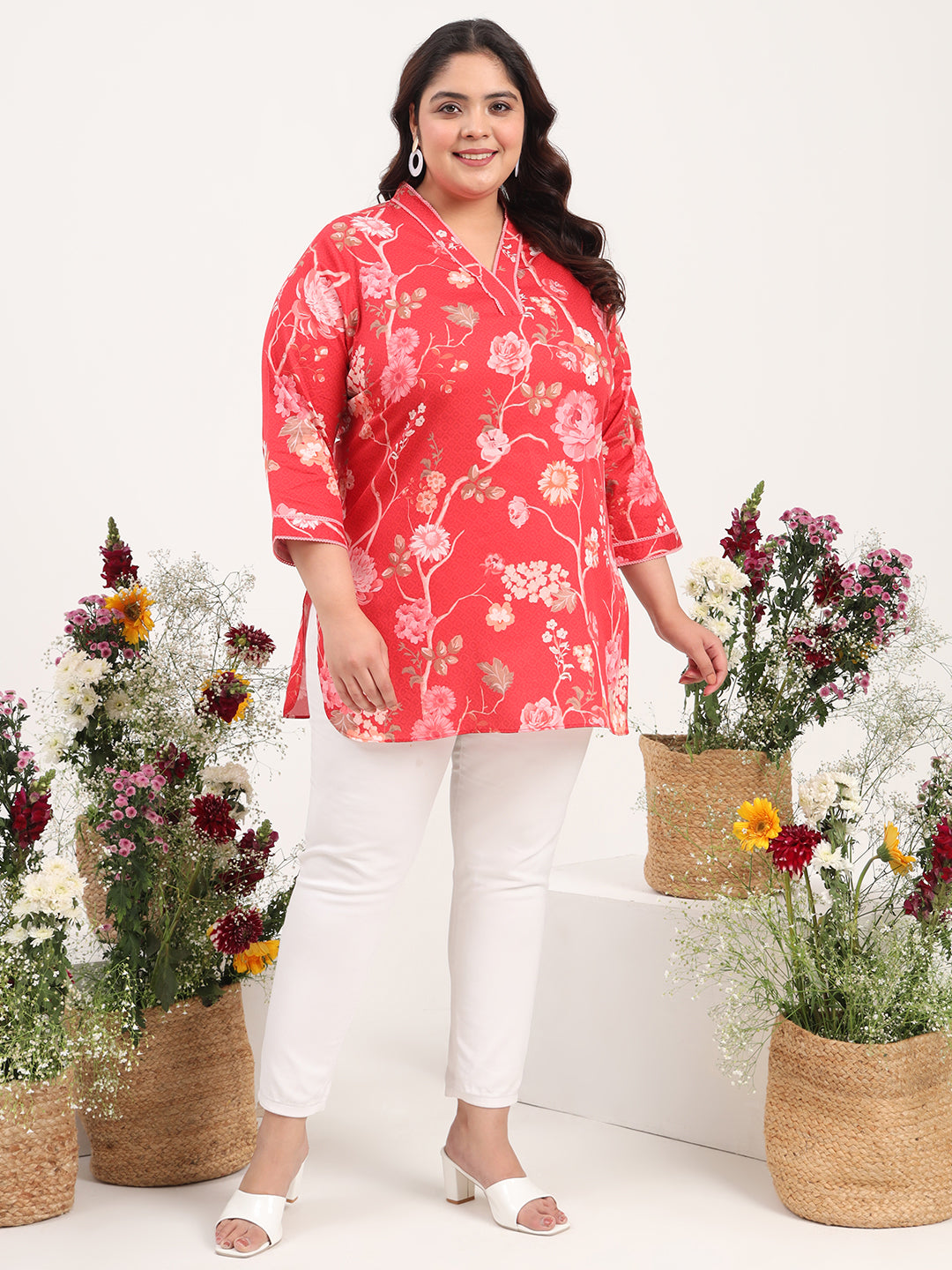Women Plus Size Red Floral Printed Cotton Satin Kurti