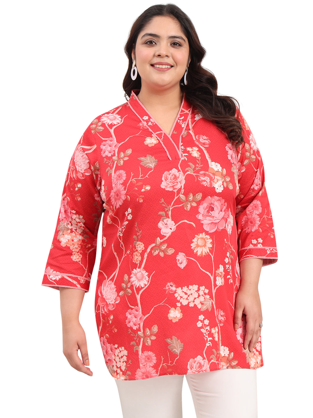 Women Plus Size Red Floral Printed Cotton Satin Kurti