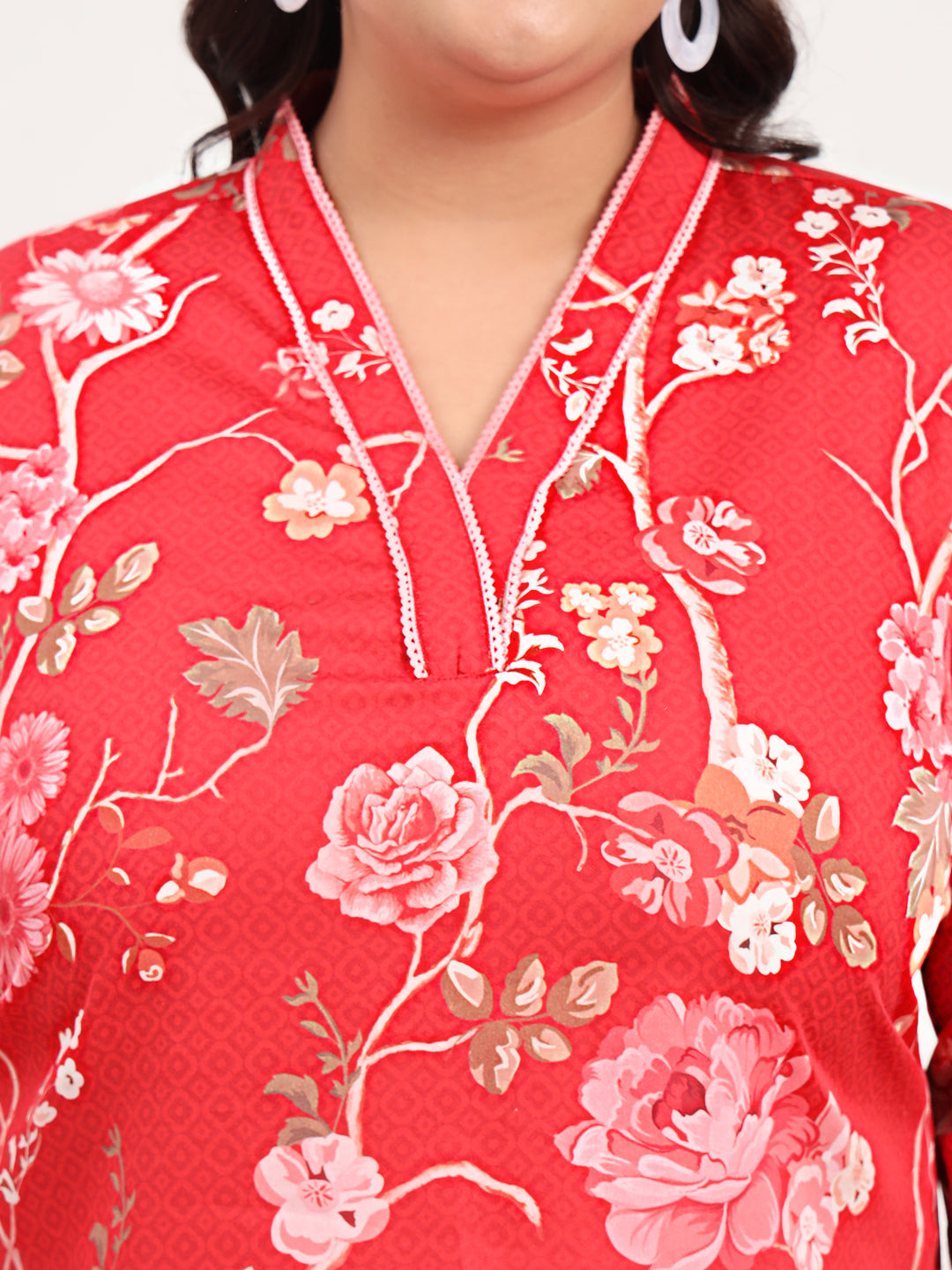 Women Plus Size Red Floral Printed Cotton Satin Kurti