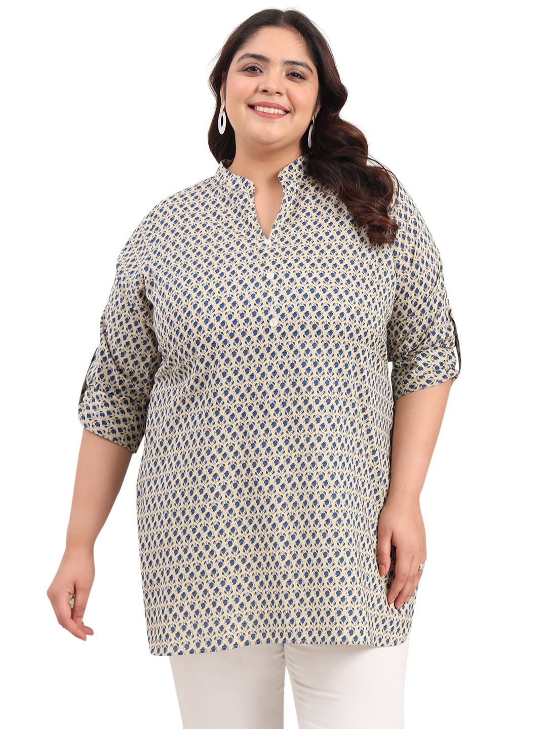 Women Plus Size Floral Printed Pure Cotton Foldup Sleeves Kurti