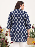 Women Plus Size Indigo Leaf Printed Pure Cotton Kurti