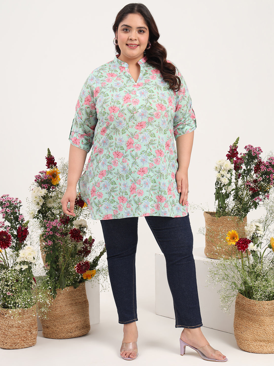 Women Plus Size Pure Cotton Green Floral Printed Kurti