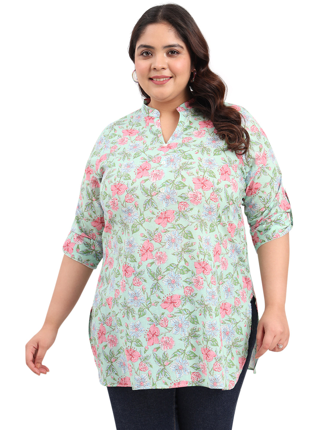 Women Plus Size Pure Cotton Green Floral Printed Kurti