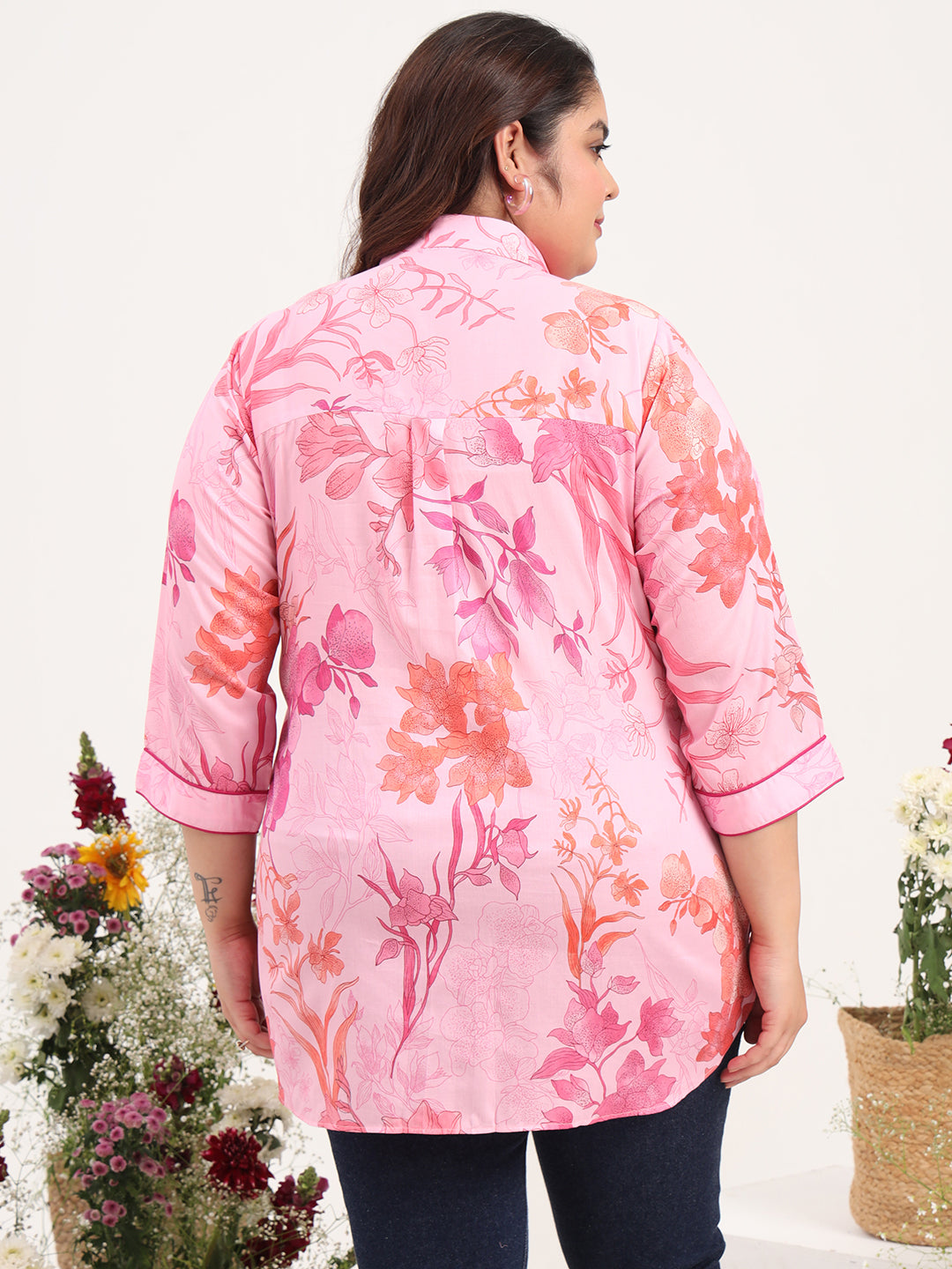 Women Plus Size Cotton Satin Pink Floral Printed Shirt Kurti
