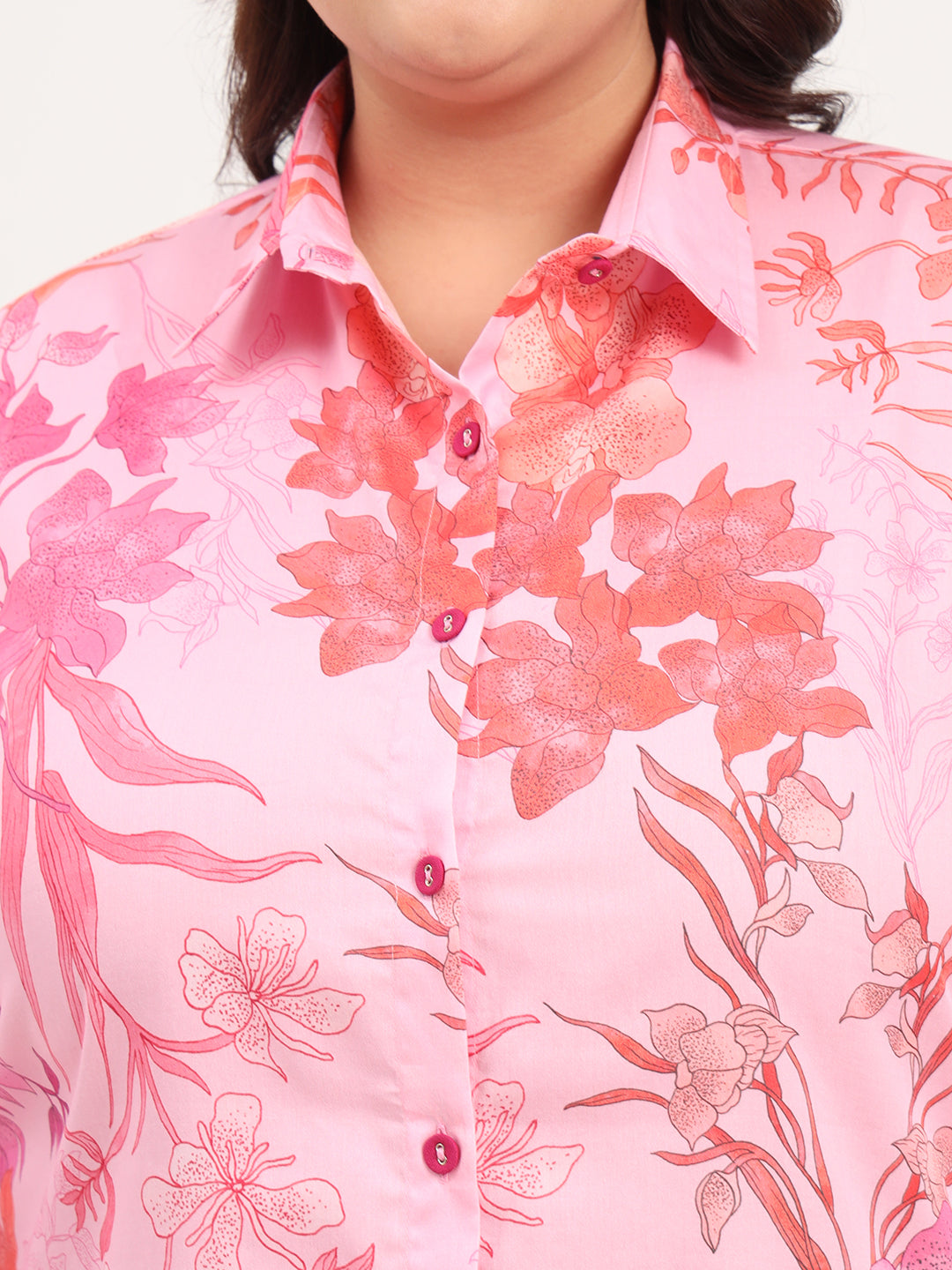Women Plus Size Cotton Satin Pink Floral Printed Shirt Kurti