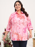 Women Plus Size Cotton Satin Pink Floral Printed Shirt Kurti