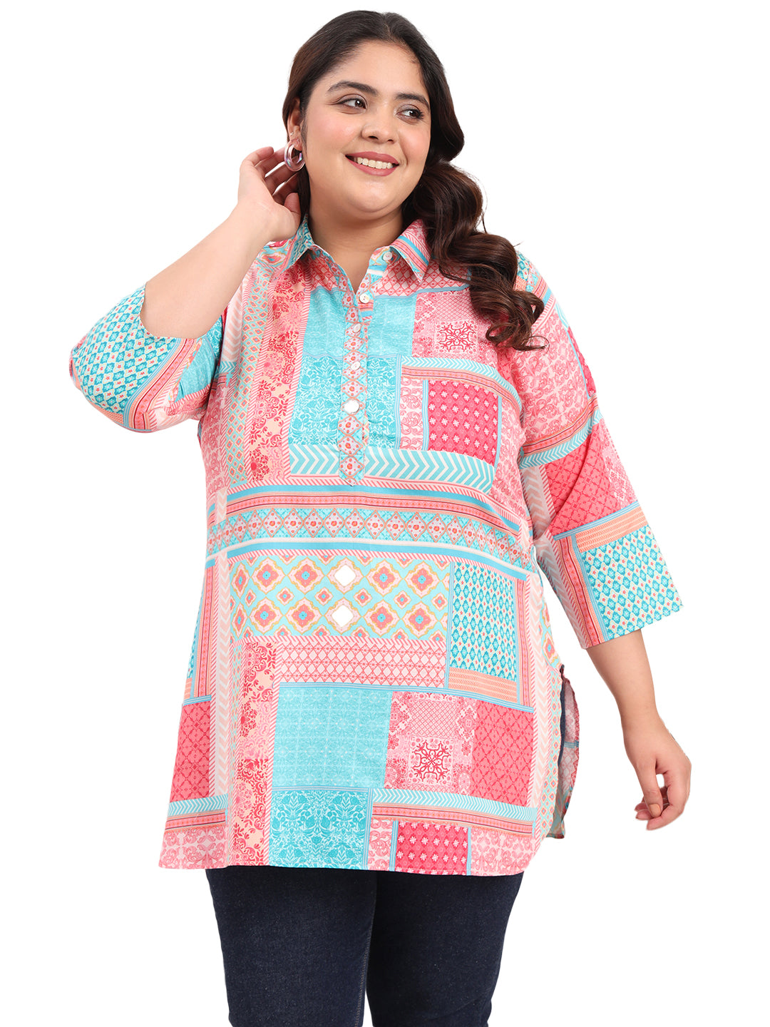 Women Plus Size Multicolor Printed Cotton Satin Kurti