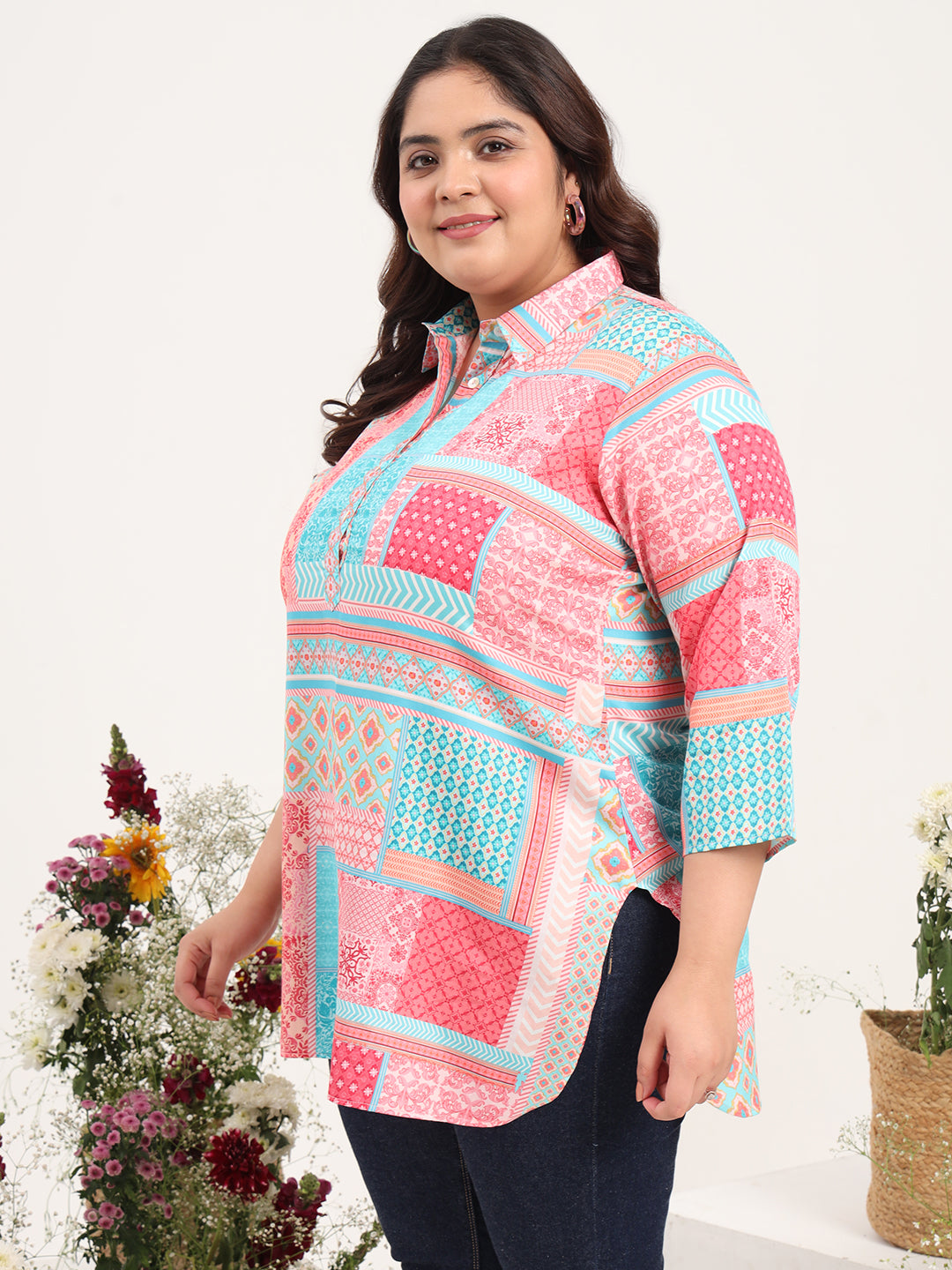 Women Plus Size Multicolor Printed Cotton Satin Kurti