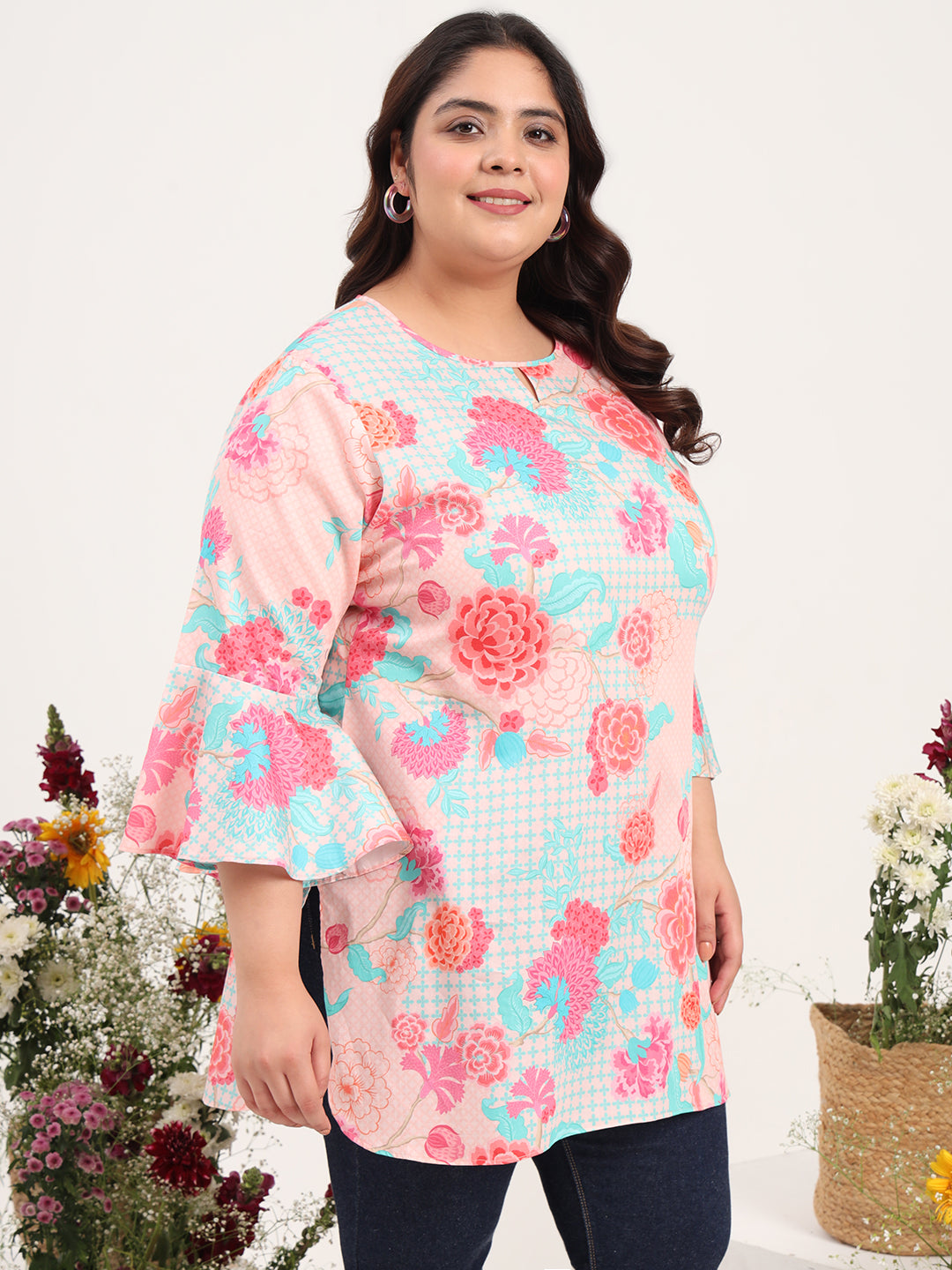 Women Plus Size Peach Floral Printed Cotton Satin Flared Sleeves Kurti