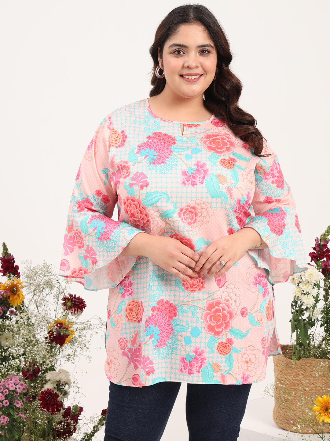 Women Plus Size Peach Floral Printed Cotton Satin Flared Sleeves Kurti