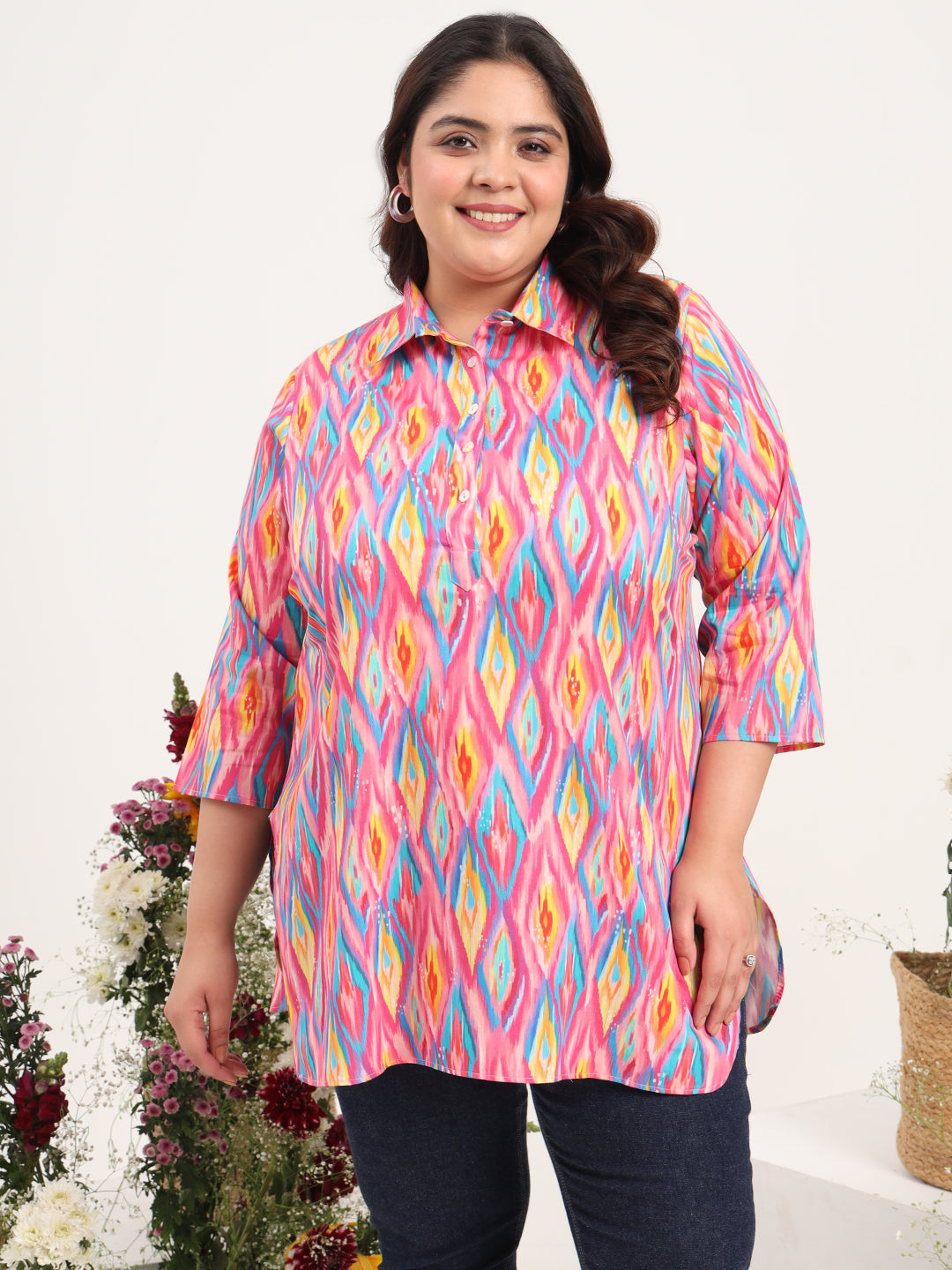 Women Plus Size Cotton Satin Abstract Printed Kurti