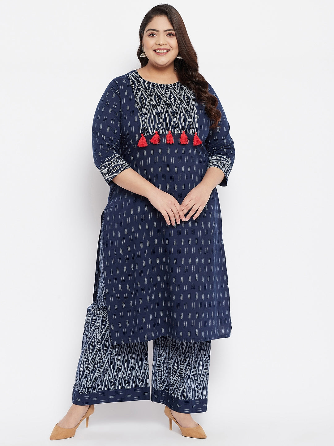 Women Plus Size Pure Cotton Indigo Printed Kurta with Palazzo