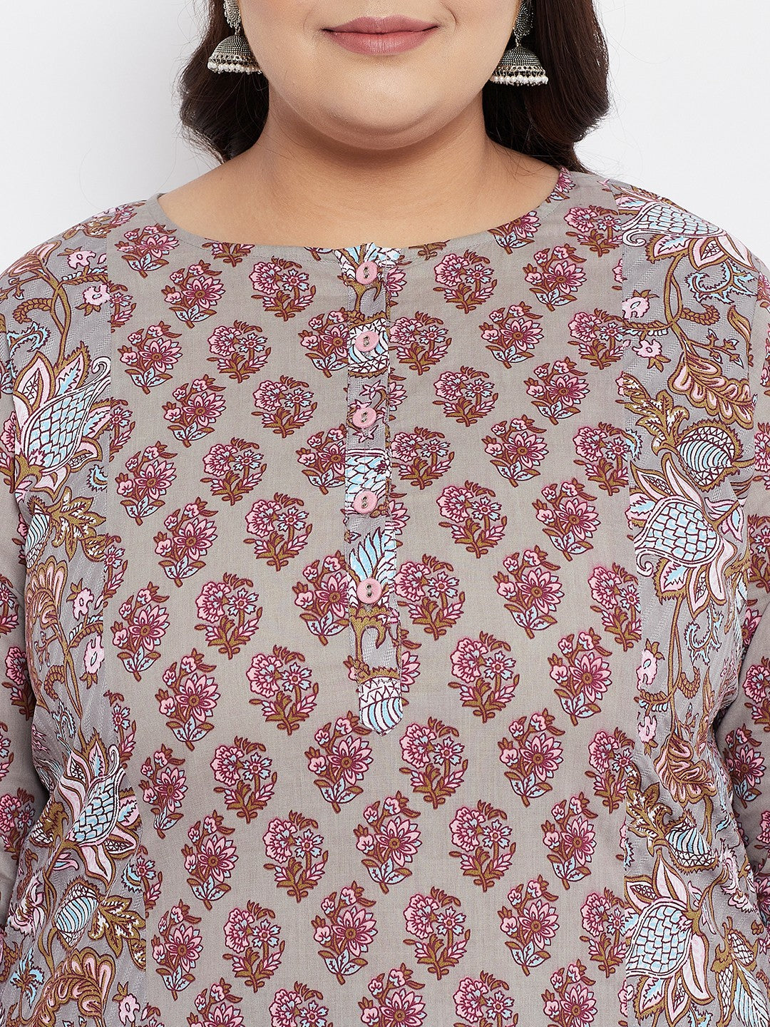 Women Plus Size Cotton Grey Printed Kurta with Palazzo