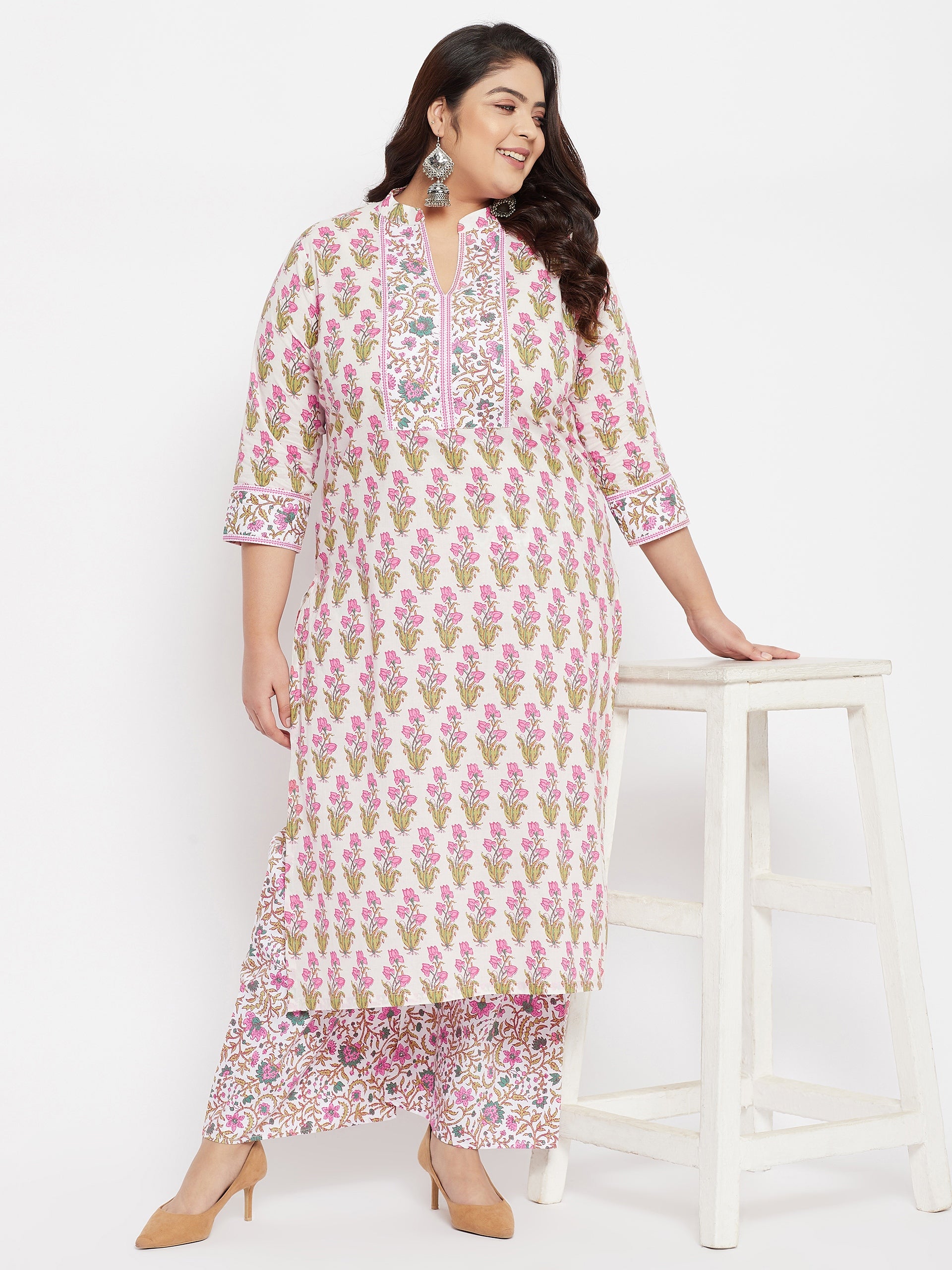 Women Plus Size Cotton Cream Floral Printed Kurta with Palazzo