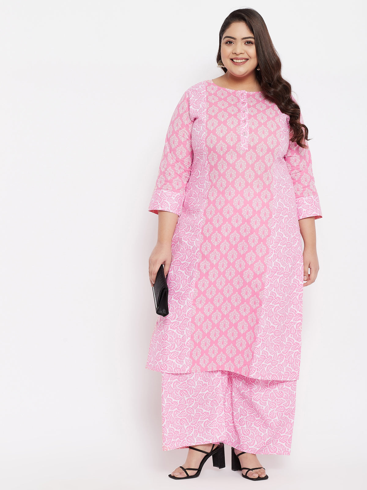 Women Plus Size Cotton Pink Floral Printed Straight Kurta with Palazzo
