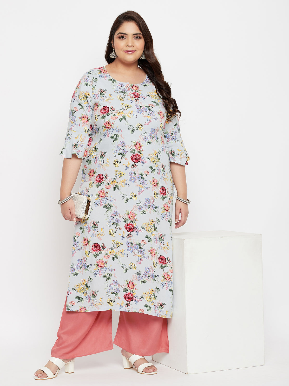 Women Plus Size Multicolored Floral Printed Kurta with Palazzo