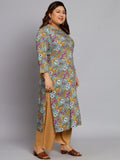 Women Plus Size Grey & Yellow Printed Kurta with Palazzo