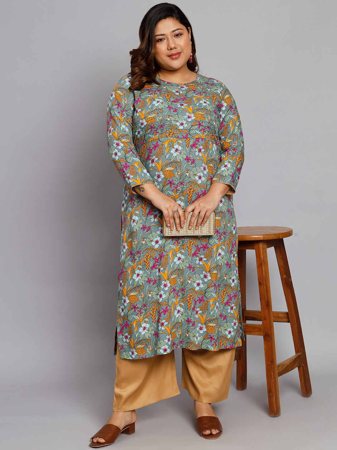 Women Plus Size Grey & Yellow Printed Kurta with Palazzo