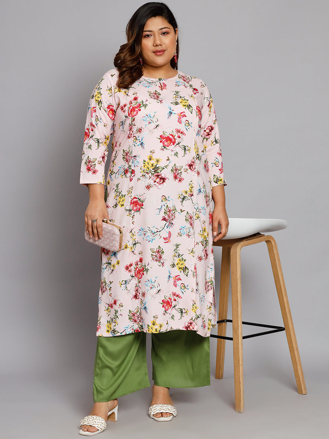 Women Plus Size Pink & Red Floral Printed Kurta with Palazzo