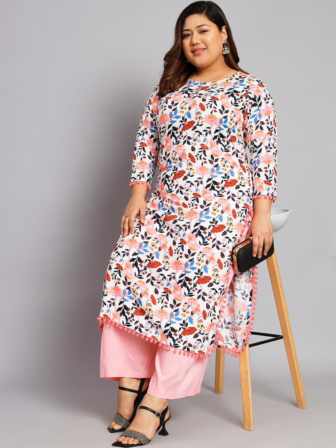 Women Plus Size White & Pink Printed Kurta with Palazzo