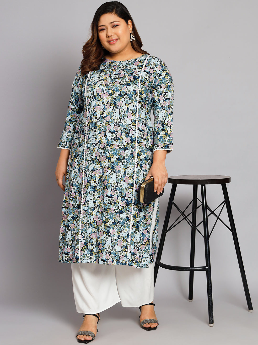 Women Plus Size Multicolor Floral Printed Kurta with Palazzo