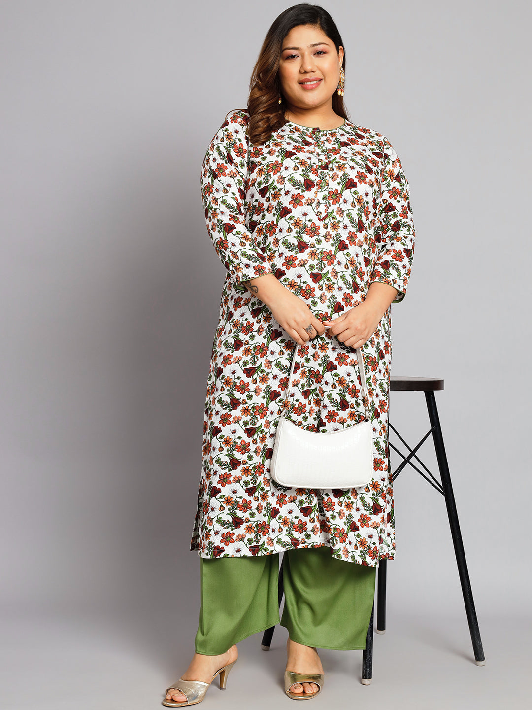 Women Plus Size White & Orange Floral Printed Kurta with Palazzo