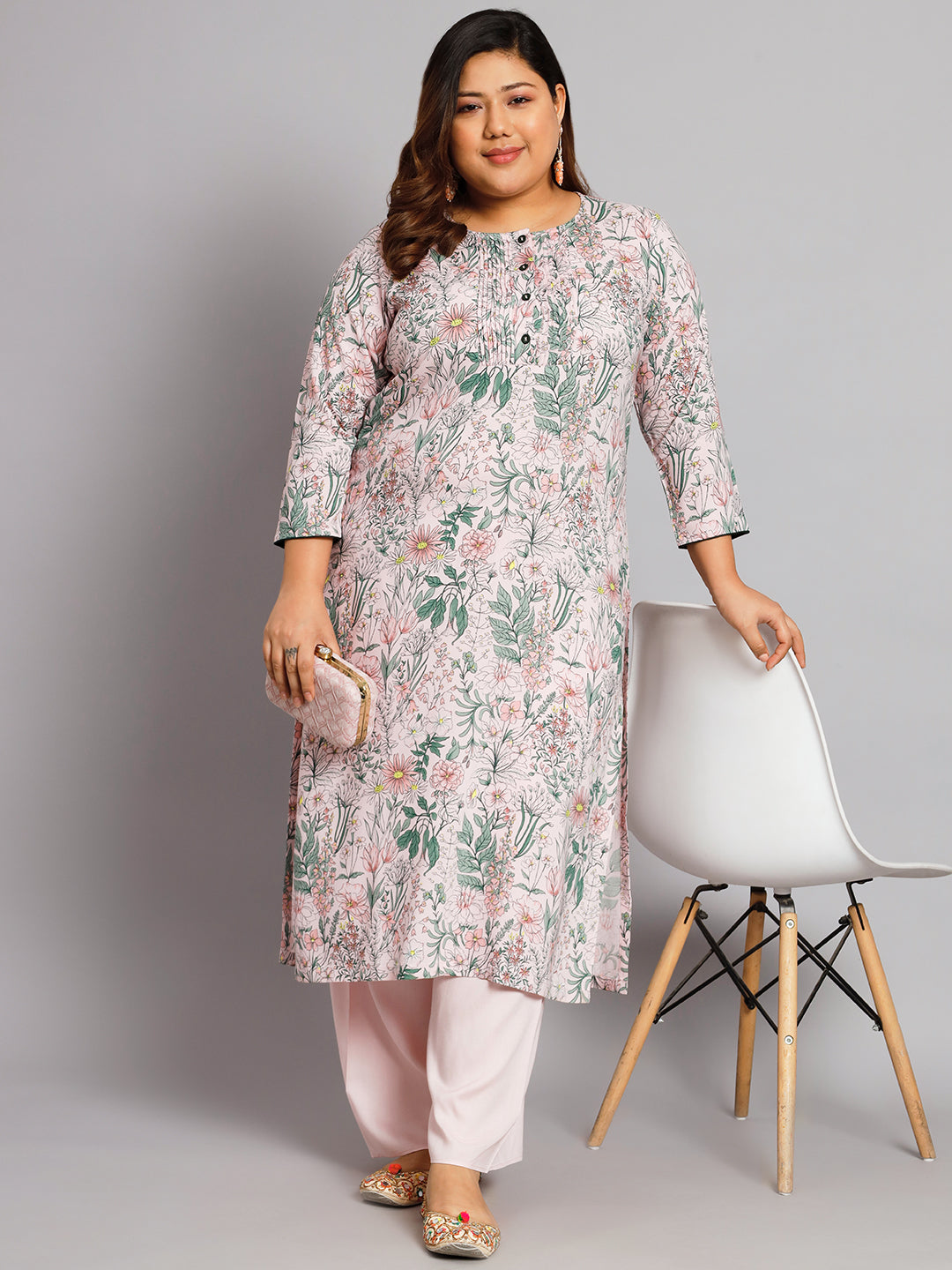 Women Plus Size Baby Pink & Green Printed Kurta with Palazzo