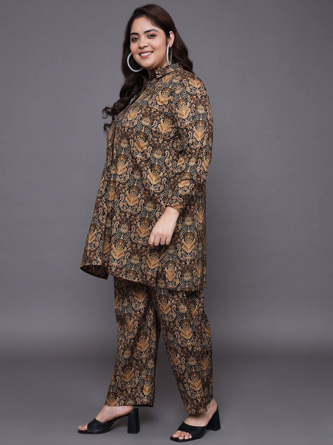 Women Plus Size Printed Pure Cotton Shirt with Palazzo Co-Ord Set