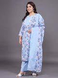 Women Plus Size Sky Blue Floral Pritned Pure Cotton Kurta With Palazzo & Dupatta