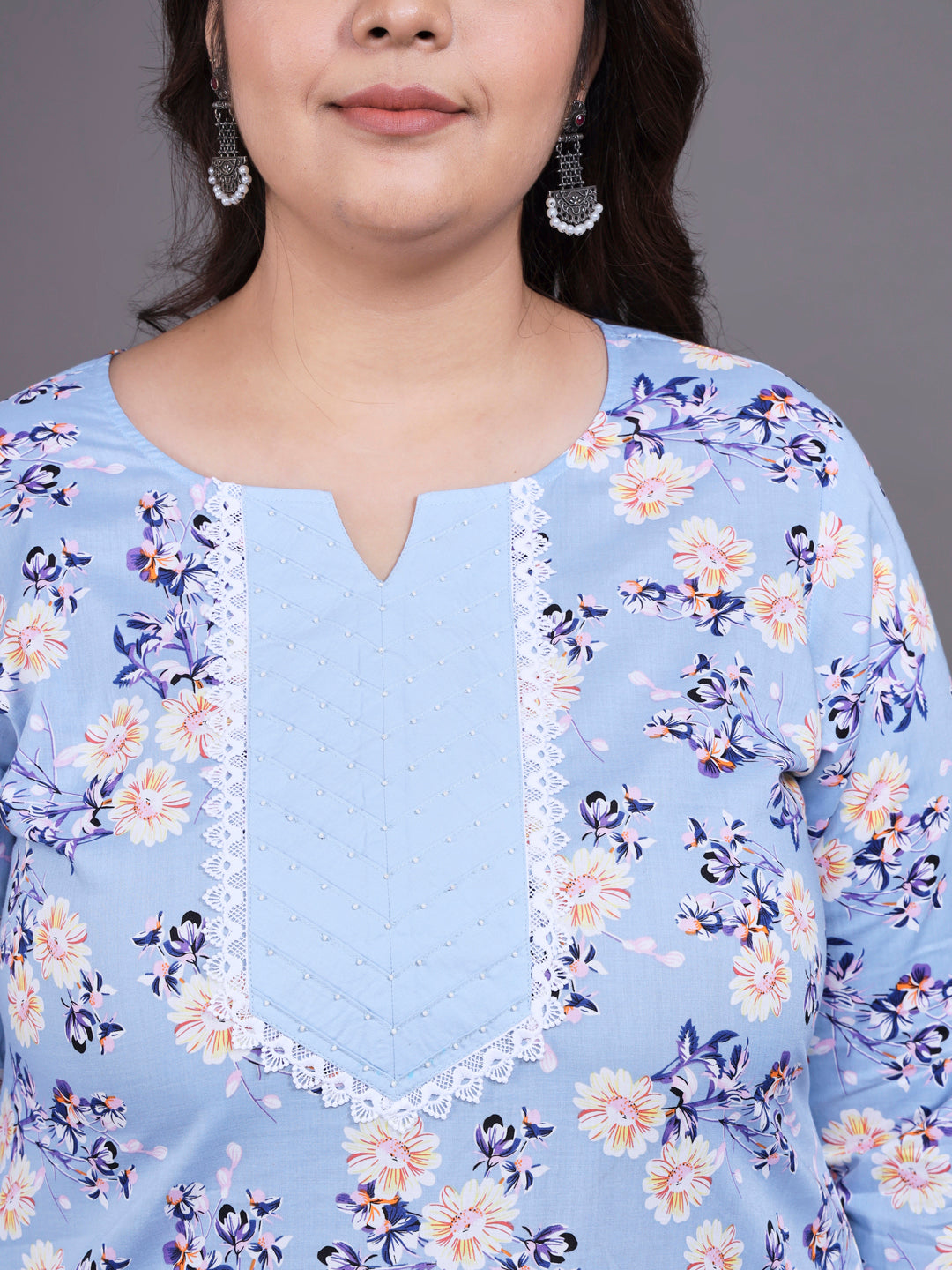 Women Plus Size Sky Blue Floral Pritned Pure Cotton Kurta With Palazzo & Dupatta