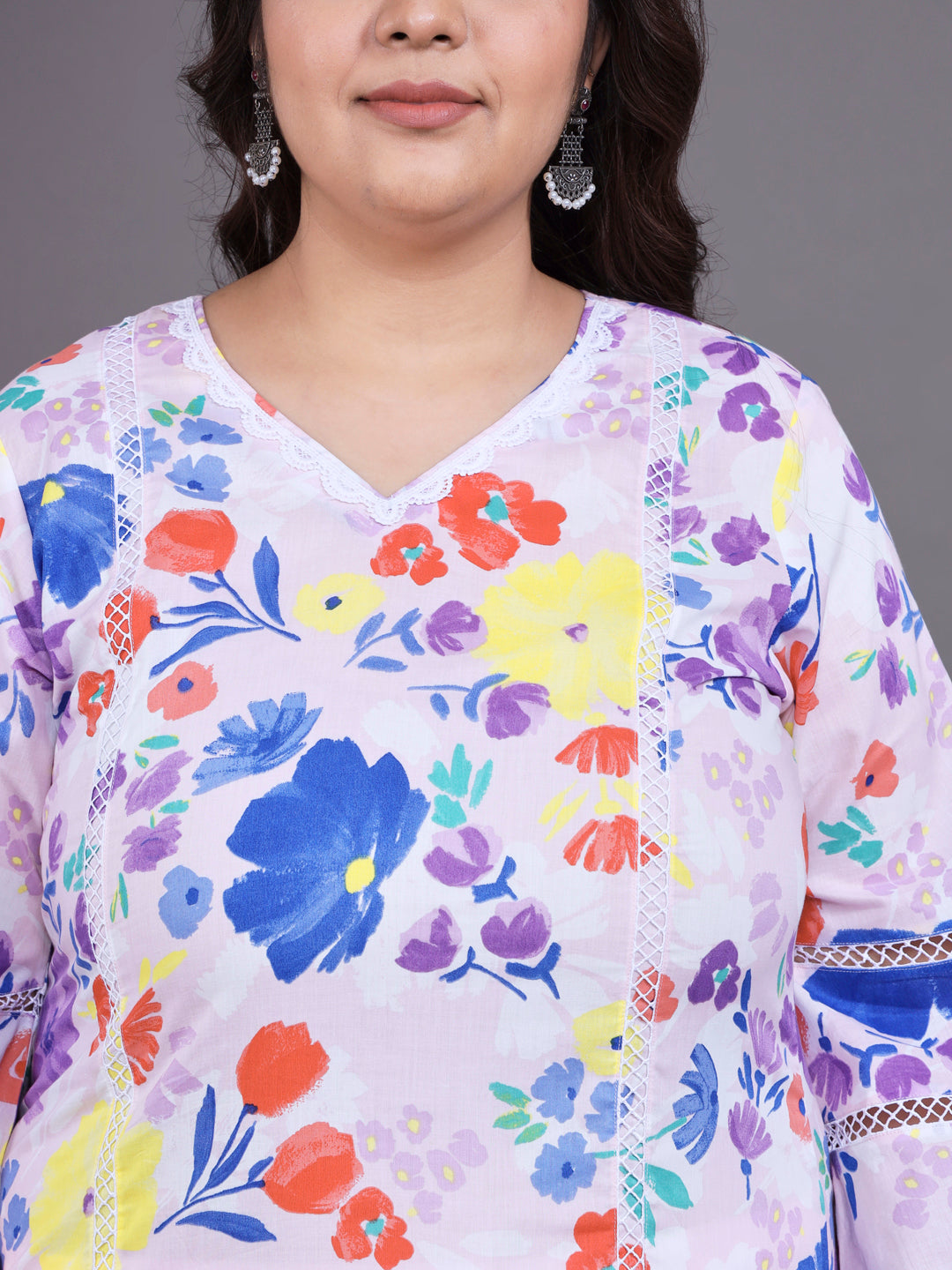 Women Plus Size Mulicolor Floral Pritned Pure Cotton Kurta With Palazzo & Dupatta
