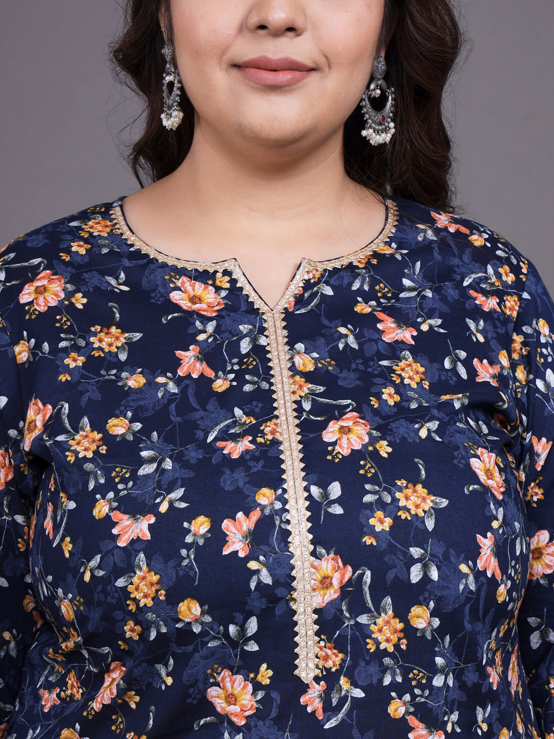 Women Plus Size Navy Blue Pritned Pure Cotton Kurta & Palazzo With Dupatta